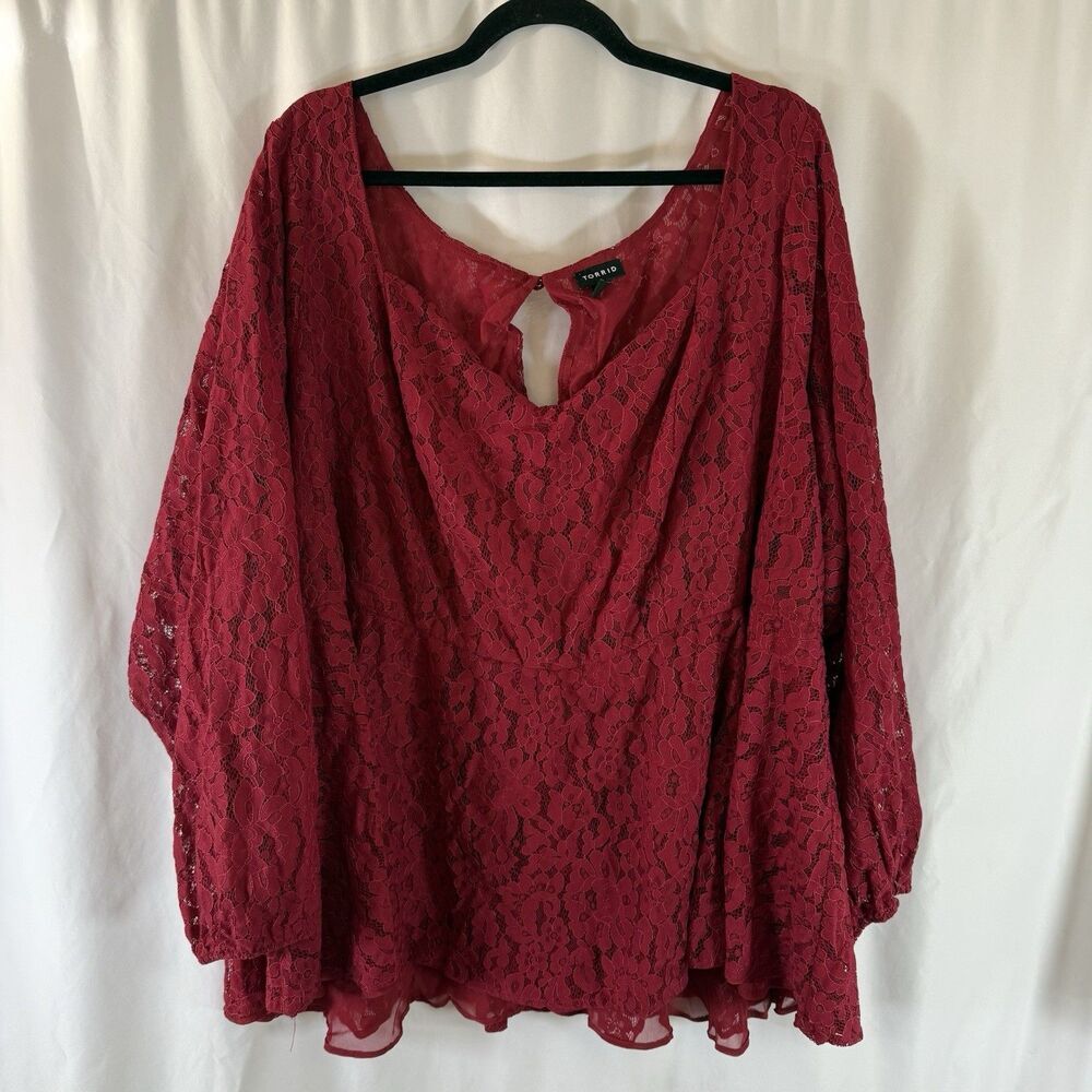 Torrid Blouse Women's 6 6X Red Lace Floral Semi Sheer Vneck Pullover